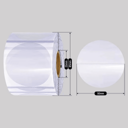 50mm transparent round Polypropylene (water proof, tear proof and oil proof) thermal labels 500/roll